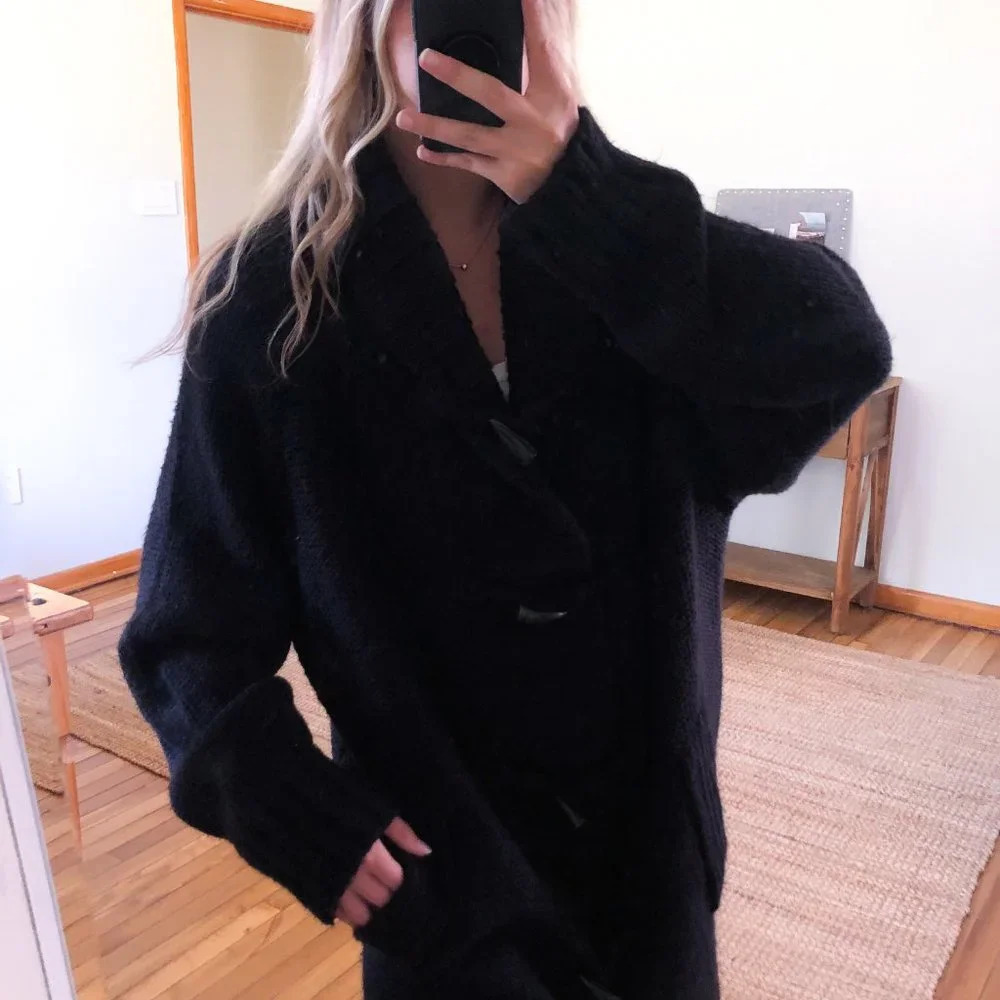 RARE Songzio Long Black Hooded Wool Blend Designer Heavy Cardigan Coatigan Coat